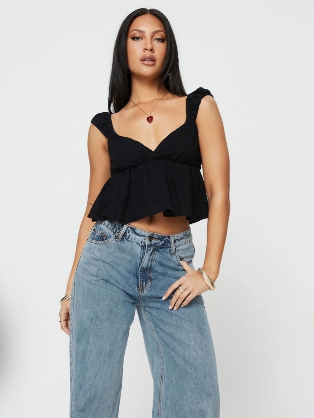 Princess Polly Contardo Babydoll Black Flutter Sleeve Cropped Top Size 12